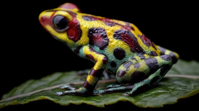 A vibrant dart frog sits on a leaf, its skin displaying a striking pattern of red, yellow, and black