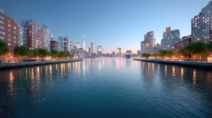 Obraz premium Nighttime Financial District Skyline Reflection on Water with Buildings and Illuminated Trees Under Blue Sky