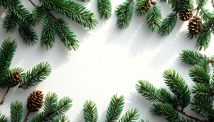 Obraz premium Overhead view of pine branches and pinecones framing a white background, creating a festive border.