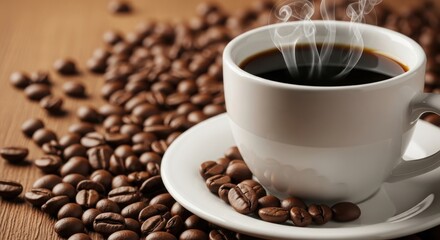 Fototapeta premium Start your day right with a steaming cup of dark roast coffee and rich aroma, perfect for a productive morning or cozy break