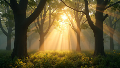 Sunbeams streaming through misty forest trees onto lush green undergrowth