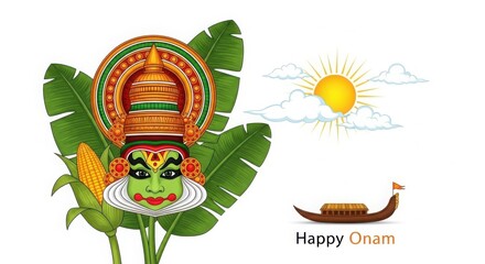 Celebrate vibrant Onam festival with Kathakali dancer, boat, and sun illustration for cultural events or South Indian holiday greetings