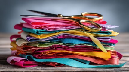Colorful fabric strips and scissors