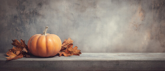 Fall pumpkin and leaves on concrete table autumn season still life art