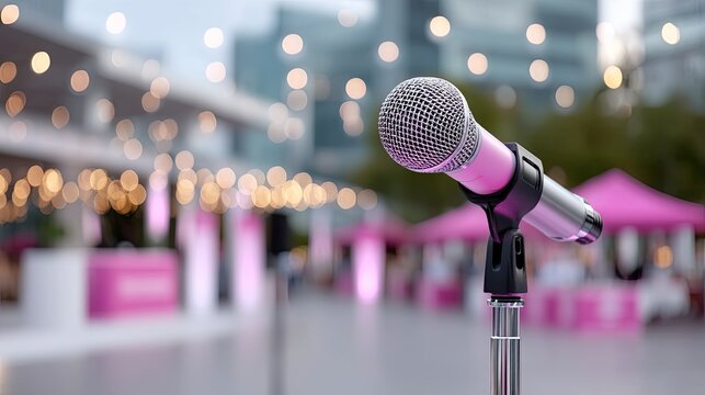 Silver Microphone with Pink Accents on a Stand with Blurry Bokeh Background and Cityscape