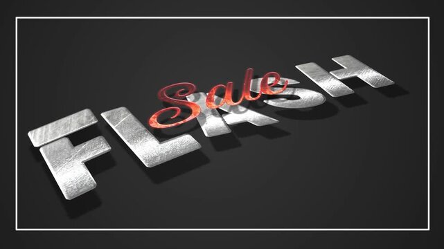 Flash sale text animation with metallic silver effect on black background. Product promotion sale