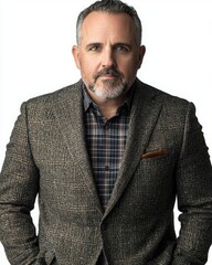 Confident Professional Man Posing in Stylish Blazer with Plaid Shirt and Groomed Beard Against a Clean Background