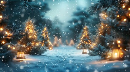 Christmas background, snowy winter landscape, pine trees with fairy lights, soft falling snow, magical holiday atmosphere, glowing lanterns, wide minimal scene with copy space.
