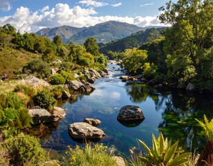 Serene River Meandering Through Lush Mountain Landscape