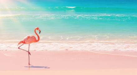 Vibrant flamingo standing on a serene pink sandy beach with turquoise ocean waves