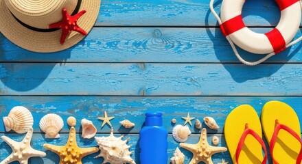 Summer beach essentials laid out on blue wooden table hat seashells sunscreen flip-flops life buoy