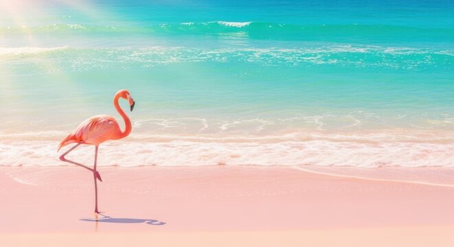 Vibrant flamingo standing on a serene pink sandy beach with turquoise ocean waves