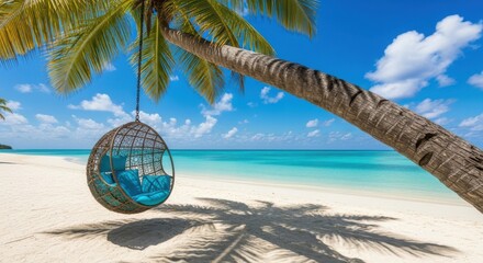 Tropical paradise palm tree swing over white sand beach turquoise ocean and blue sky