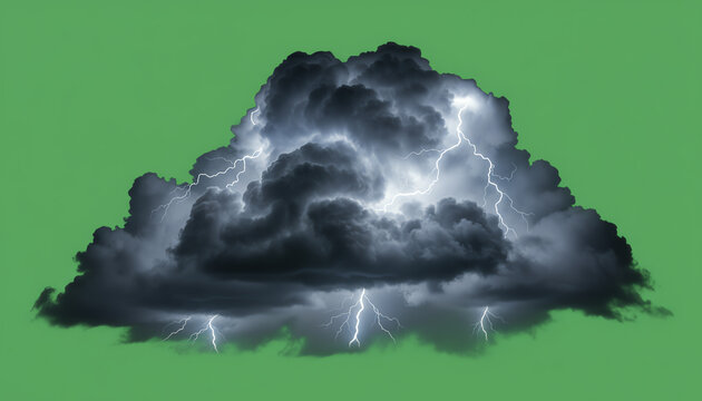 A dramatic storm cloud with flashes of lightning against a vibrant green background, capturing the essence of extreme weather.