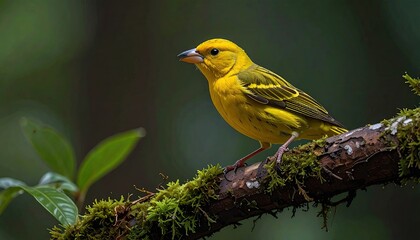 Vibrant Yellow Finch Perched on Mossy Branch in Natural Habitat Wildlife Photography with Bokeh Background Detailed Plumage and Textural Elements