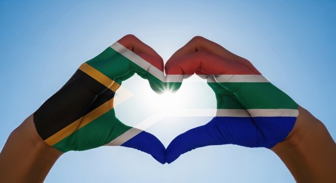 South African flag painted on hands forming heart against bright sun and blue sky, symbolizing love and pride - Powered by Adobe
