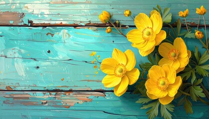 Vibrant Yellow Flowers Against Distressed Teal Wood Background With Rustic Texture And Detailed Floral Arrangement, Horizontal Composition, and Natural Lighting