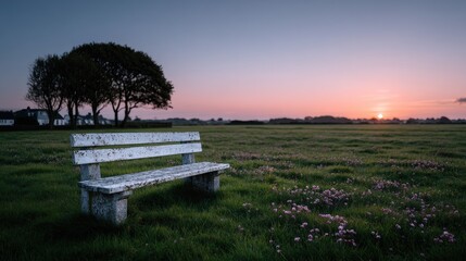 Obraz premium Old Stone Bench on Field at Sunset in Cinematic Hdr with Lavender Wildflowers Under a Pastel Sky with Dramatic Lighting and Tree Silhouettes