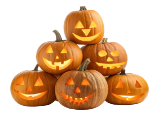 Stack of carved pumpkins with glowing faces isolated on transparent background