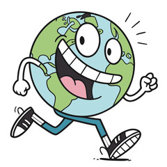 Obraz premium Cartoon Smiling Earth Running, Fun and Playful Globe Character, Cheerful and Animated Earth Illustration