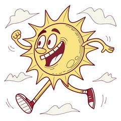 Cartoon Running Sun with Happy Face, Energetic Sunny Character, Fun and Playful Illustration