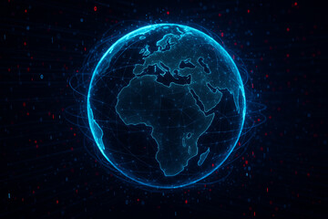 AI generated ultra realistic digital artwork of glowing earth surrounded by binary code blue energy lines and red light points symbolizing big data global cybersecurity and digital transformation