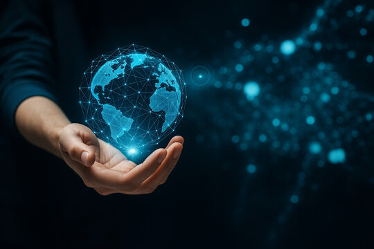 AI generated futuristic concept showing hand holding glowing digital earth made of network grid and light nodes symbolizing global connectivity innovation technology progress and transformation