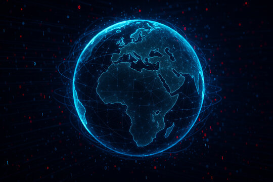 AI generated ultra realistic digital artwork of glowing earth surrounded by binary code blue energy lines and red light points symbolizing big data global cybersecurity and digital transformation