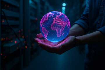 Fototapeta premium AI generated ultra realistic image of hands holding glowing holographic earth in pink and blue light symbolizing digital world global network and futuristic innovation