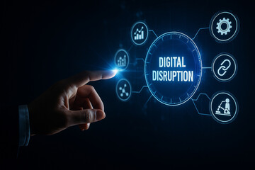 AI generated futuristic business concept showing hand touching glowing virtual interface with digital disruption text surrounded by technology innovation blockchain data analytics and automation