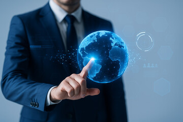 AI generated image of businessman touching glowing digital earth with network lines futuristic interface global connectivity and advanced technology innovation concept