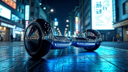 A hoverboard lying on a city street at night. The scene is illuminated by neon lights, giving it a vibrant and urban feel.