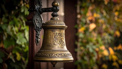 Ornate brass bell hanging on a wooden post