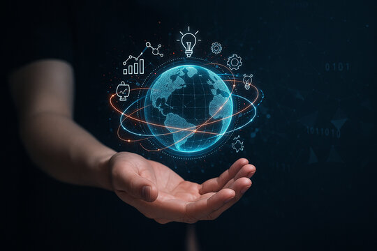 AI generated concept of a glowing digital earth with orbit lines and technology icons symbolizing communication data processing and future global innovation