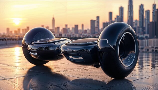 A futuristic-looking hoverboard with a sleek, black design, set against a cityscape backdrop with a sunset in the background.