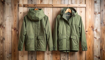 Two olive green hooded jackets hanging on wooden hangers against a rustic wooden plank wall, showcasing outdoor apparel.
