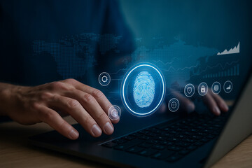 AI generated realistic image showing hands on laptop with glowing fingerprint biometric digital interface global connectivity and data protection symbolizing cybersecurity privacy and trust