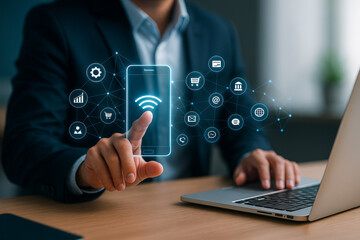 AI generated ultra realistic image of businessman using holographic smartphone with digital icons floating around showing finance communication and global network connection