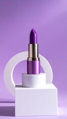 Purple lipstick on white podium