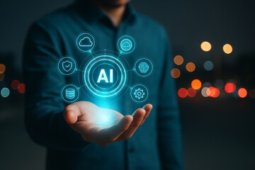 AI generated image of person holding glowing virtual AI interface with futuristic icons representing technology data security cloud innovation and smart connectivity