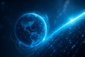 AI generated sci fi digital artwork of glowing earth surrounded by energy lines and data streams symbolizing technology power global connectivity and future innovation