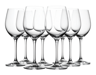 Clear wine glasses arranged in an elegant set against a black background.