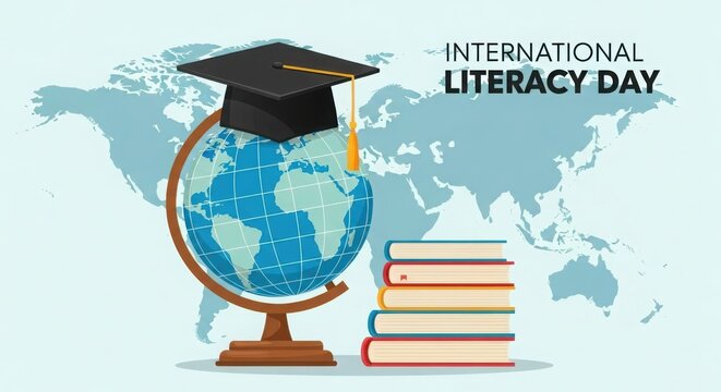Celebrate International Literacy Day worldwide with graduation cap on globe and stack of knowledge books