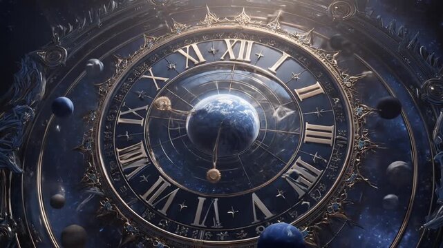 Ornate clock with Earth-like planet center, starry background, and celestial ambiance