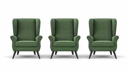 Fototapeta premium Three dark green wingback chairs stand in a row isolated on white