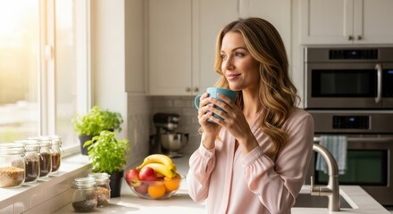 Serene woman enjoying morning coffee in a sunlit modern kitchen with fresh fruit and herbs