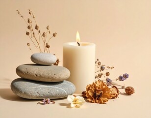 Serene Still Life Arrangement with Dried Flowers, Stones, and Candle