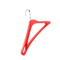 A single vibrant red plastic clothes hanger isolated against a stark black background