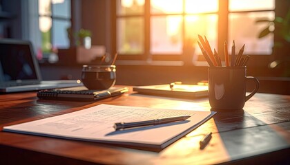 Warm Lit Workspace with Laptop and Desk Items on Wood Table in Sunlight
