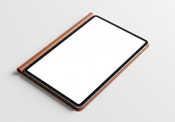 Modern tablet device with a blank screen in a sleek brown protective case, isolated on a white background, perfect for digital content and design